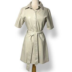 Steve Madden Cream Bone Faux Leather Short Sleeve Snap Up Dress Sz 6 Belted